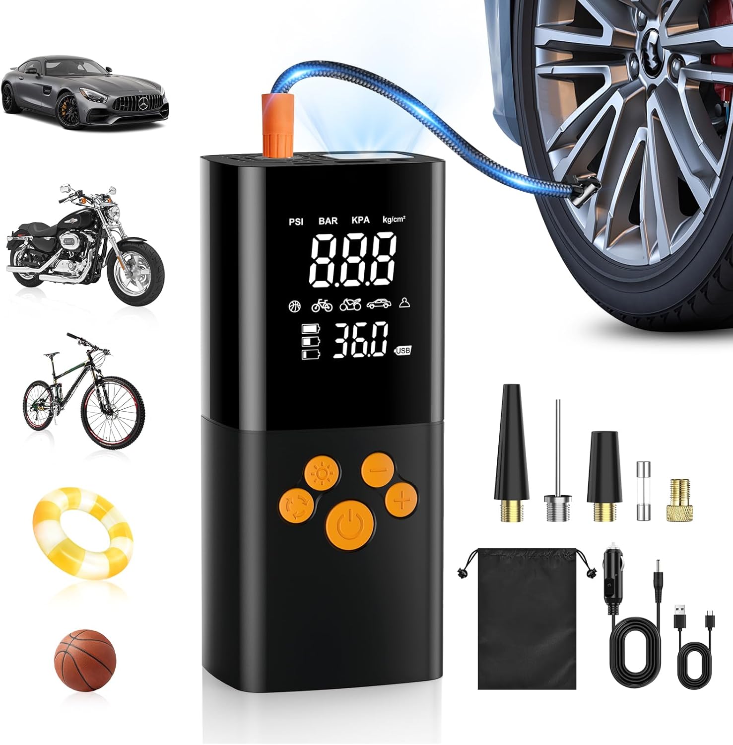 EVARY Compressore Aria Portatile 10000mAh,Portable Electric Air Compressor 150PSI con 5 Modalità, Schermo LCD Digitale e Torcia LED, Pompa Elettrica per Bicicletta, Auto, Moto, Monopattino, Palloni