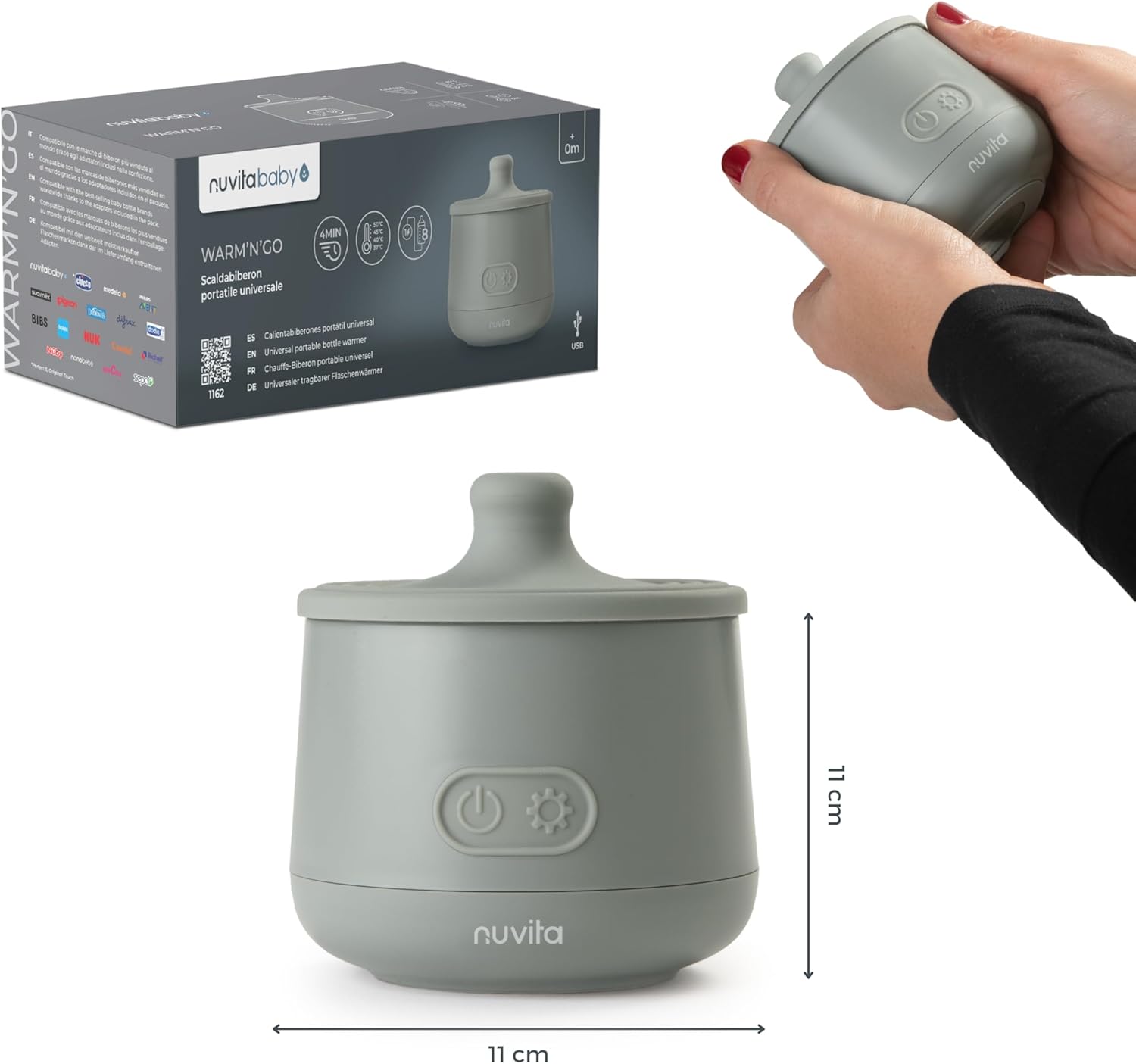 Nuvita Scaldabiberon Portatile Universale Nuvita 1162 Warm’n’Go con USB - Riscaldamento Rapido, 4 Impostazioni di Temperatura, Facile da trasportare con Chiusura Ermetica, Scalda fino a 8 Biberon