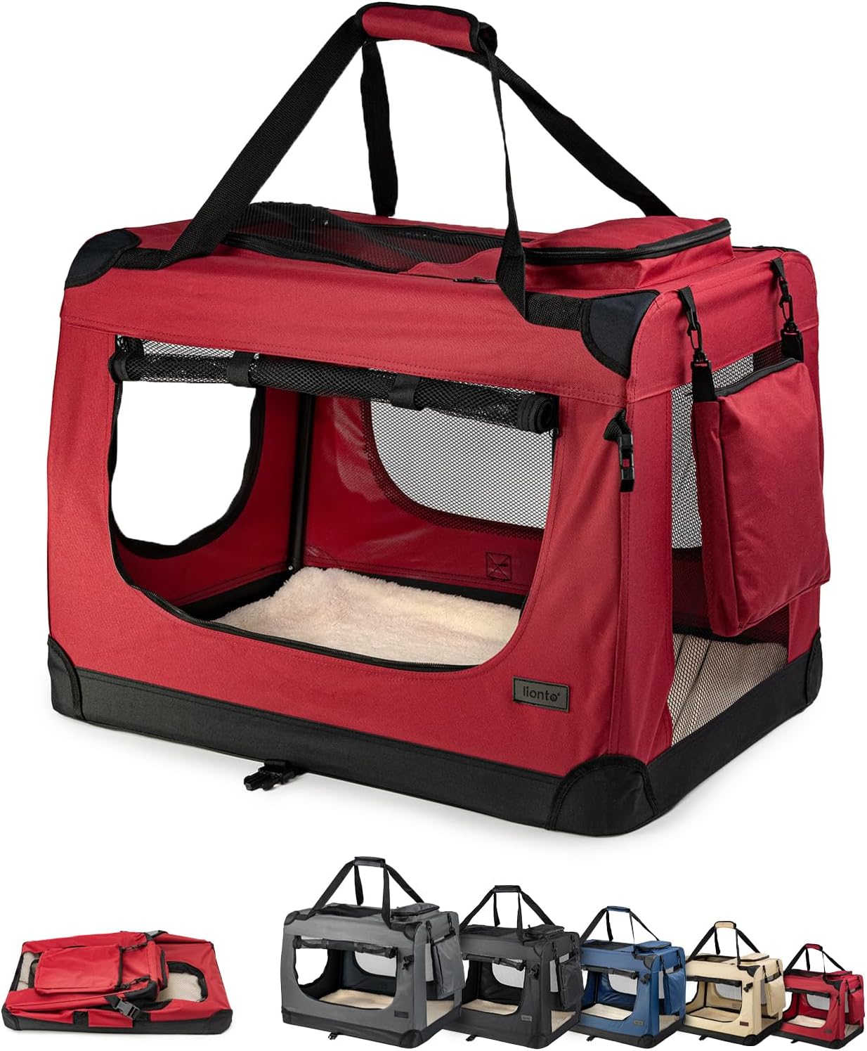 lionto Foldable Dog Carrier Bag for Travel and Car, 60 x 42 x 44 cm, Stable Transport Box with Handles for Cats and Pets up to 12 kg, Fabric Box, Beige