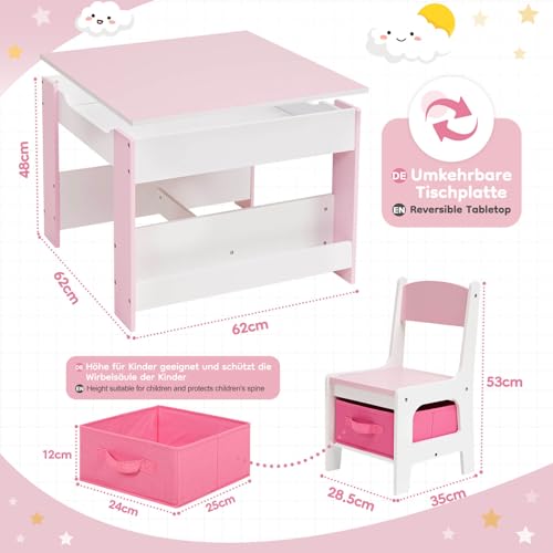 Yorbay Tavolo per Bambini con 2 Sedie, Set di Mobili per Bambini in Legno con Vano Portaoggetti e Scaffalature, 3 in 1, Tavolo da Attività e Tavolo da Tavolo, Cameretta dei Bambini,Sala Giochi : Casa e cucina