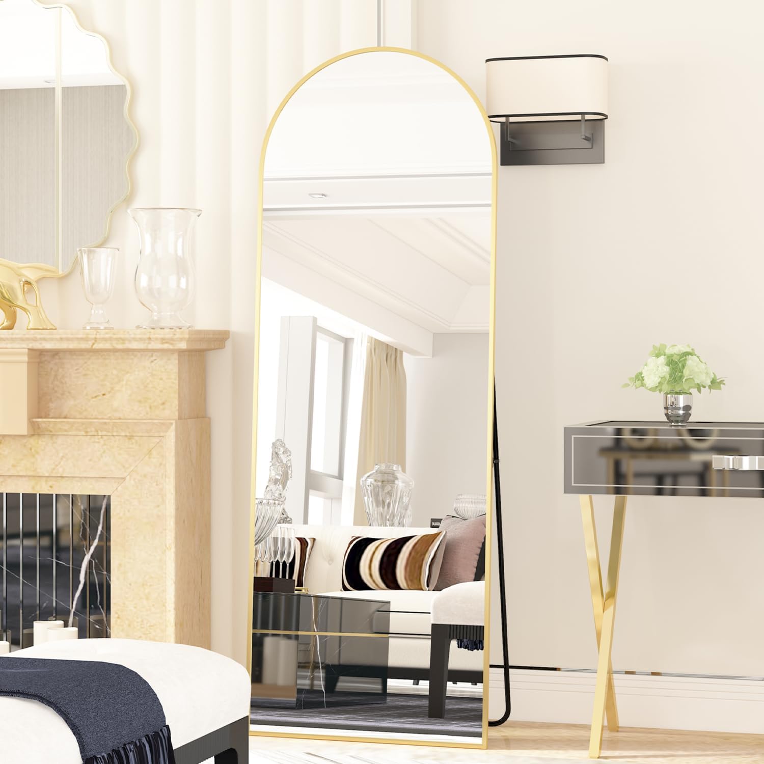 Elemango Specchio da pavimento curvo, 165 x 60 cm, colore oro, con cornice in alluminio, parte superiore curva, da appendere o appoggiare, per camera da letto, soggiorno