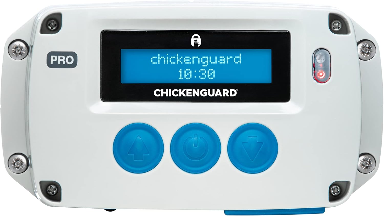 Apertura automatica della porta del pollaio ChickenGuard, alimentata da solare/batterie/elettrico. Timer/sensore di luce; solo unità motore o kit combinati. (PRO + Porta + Kit Solare)