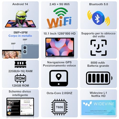 fezawio F10 Tablet 10 Pollici, Tablet Android 14, 22 GB RAM 128 GB ROM |1TB TF |8000mAh |5G Wi Fi |Octa Core |Widevine L1 |2.0Ghz Tablet PC Con Tastiera Mouse Fondina, Migliore Regalo   Grigio : Informatica