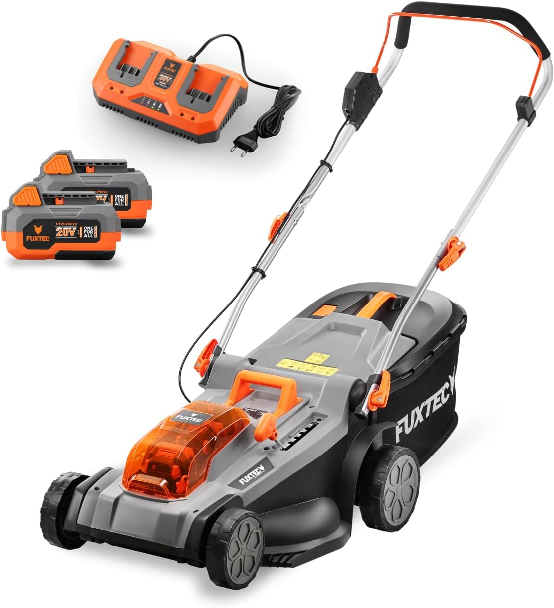 Fuxtec Electric Cordless Lawn Mower E2RM37-40V (2 x 20 V), Cutting Width 37 cm, Height Adjustable, Wireless – Set with Battery and Charger Included