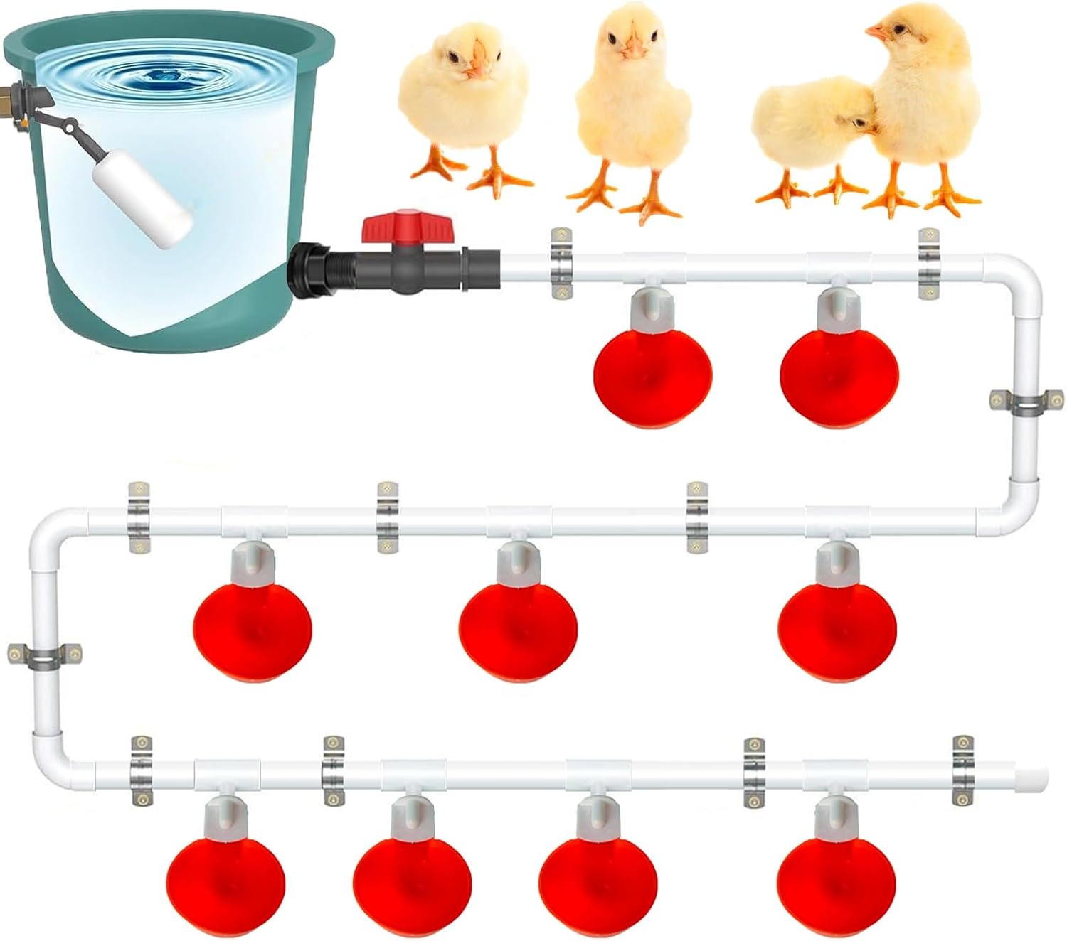 Abbeveratoio Automatico per Galline, Dispenser d’Acqua con Connettore a T in PVC, Abbeveratoio per Galline con 9 Tazze e 10 Tubi per Pulcini, Galline, Anatre, Oche