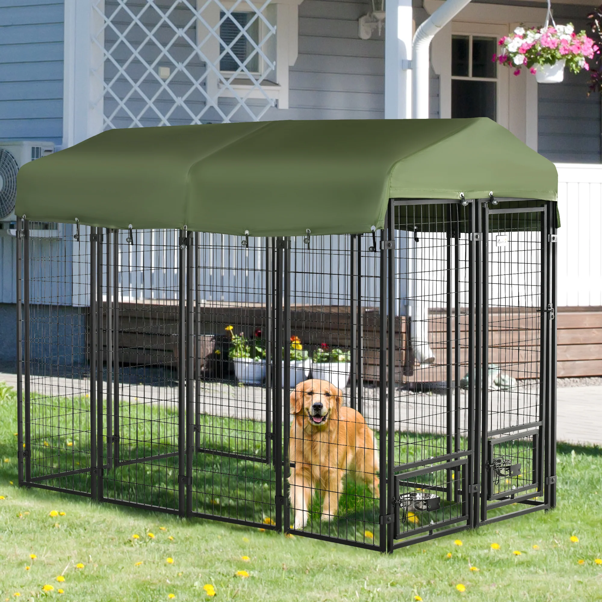 Easycomfort Kennel per Cani in Acciaio per Interni ed Esterni con Tettuccio in Tessuto Oxford e 2 Ciotole, 244x122x183 cm