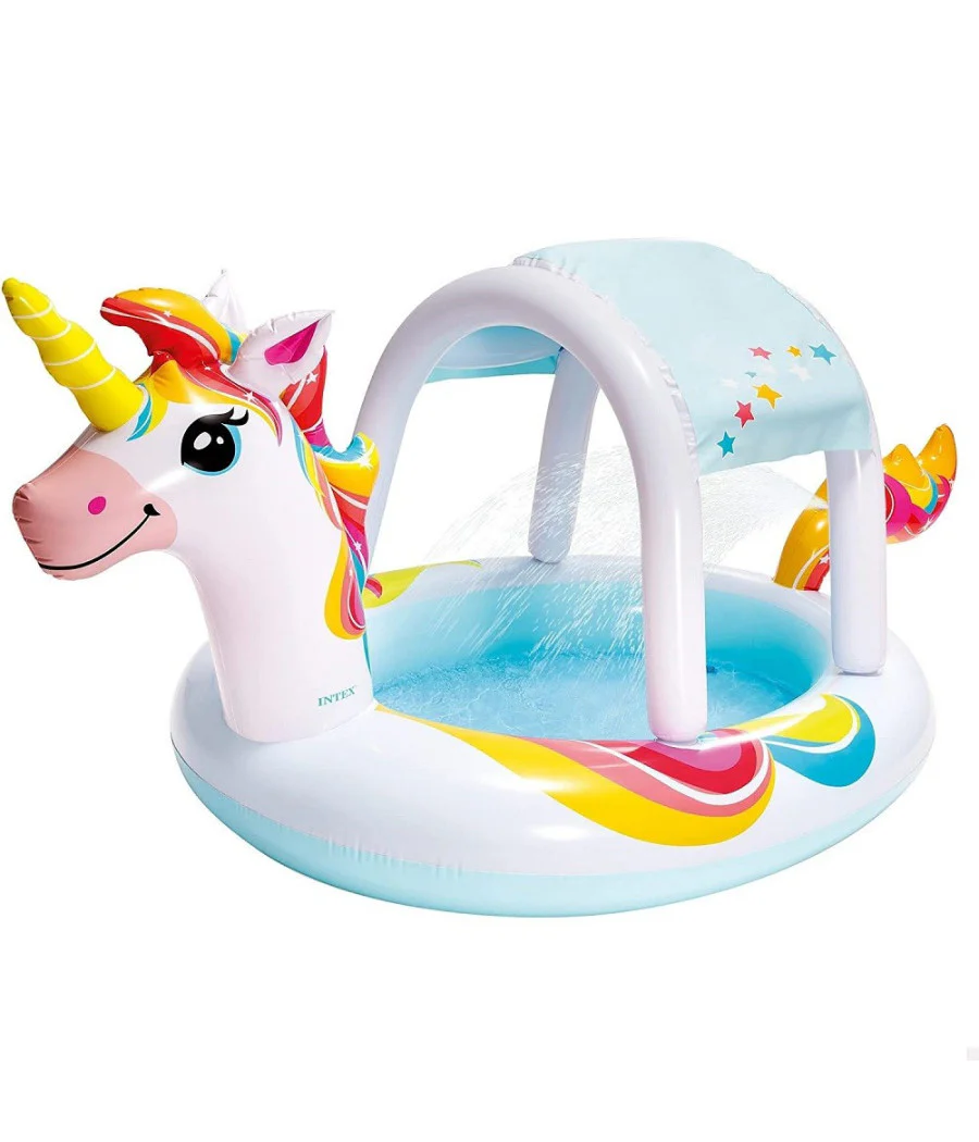 Trade Shop - Piscina Spruzzo Baldacchino Forma Unicorno Gonfiabile 254x132x109cm Bambini