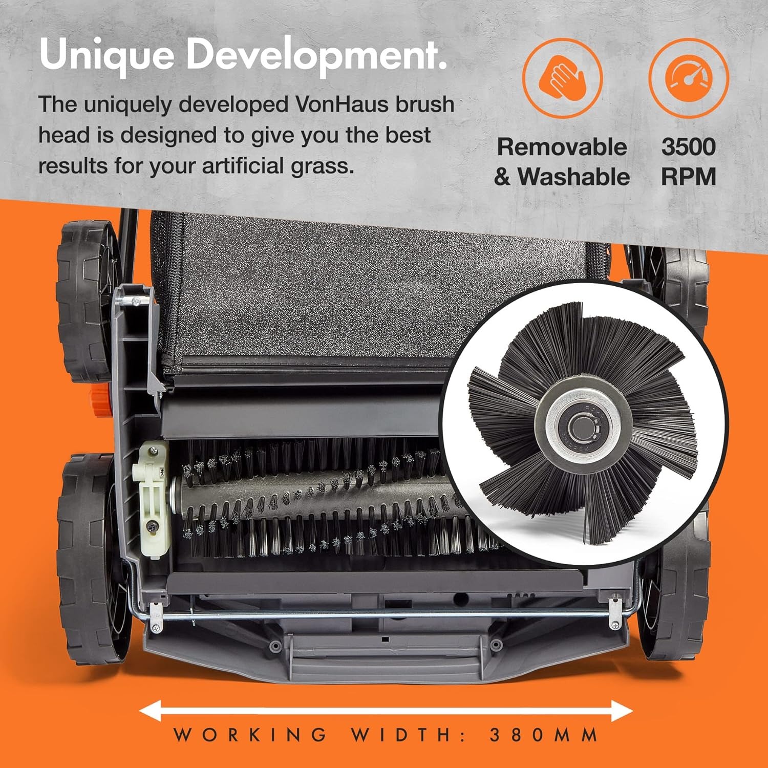 VonHaus Spazzatrice per prati artificiali da 1800 W, spazzola per prato, spazzola per prato, artificiale elettrica, borsa da raccolta 45 l, 5 altezze regolabili, larghezza di lavoro 380 mm