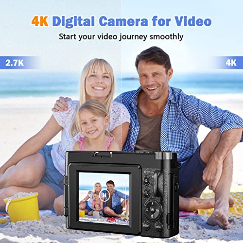 CCN Fotocamera Digitale 4K 48MP, Fotocamera con schermo 3.0" ribaltabile a 180°, fotocamera compatta con zoom digitale 16X, obiettivo grandangolare e obiettivo macro, scheda TF da 64GB, WiFi, nero : Elettronica