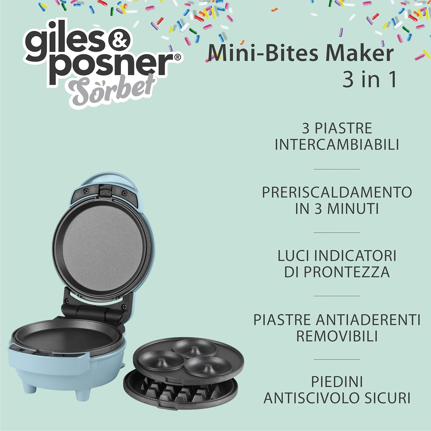 Giles & Posner 3 in 1 Mini-Bites Maker - Piastre di cottura antiaderenti, macchina per donuts, waffle e pancake, 3 minuti di preriscaldamento, piedini antiscivolo, luci indicatori di prontezza, 400W