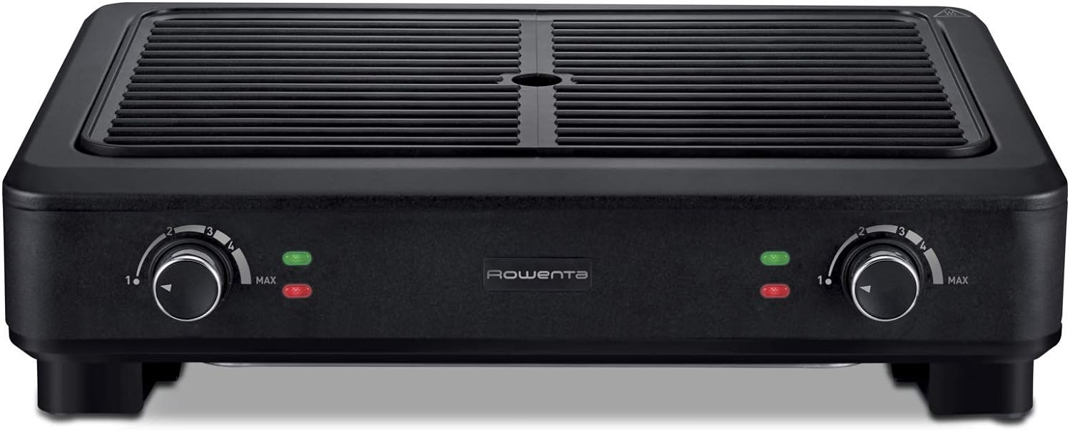 Rowenta KG900812, Smokeless Grill, Griglia, 70% di fumo in meno, Meno odori, 2 zone di cottura indipendenti, 2000 W, Nero