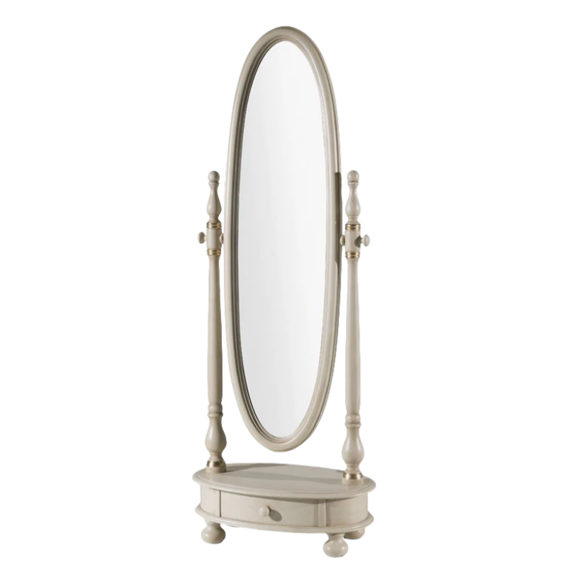 Specchiera girevole ovale laccata avorio con particolari foglia oro  misure: l. 62 x h. 169 x p.37