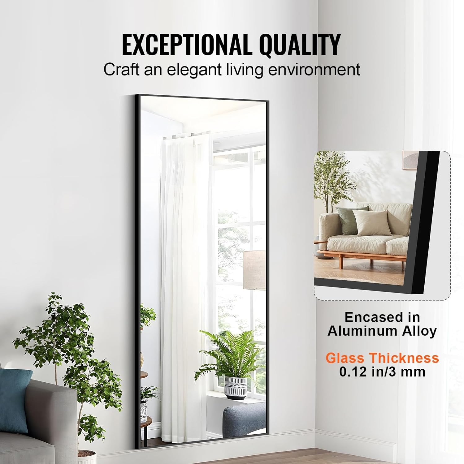 VEVOR Specchio a Figura Intera 1800 x 785 mm Specchio da Terra Rettangolare Extra Grande, Telaio in Vetro Temperato in Lega di Alluminio, Specchio da Toeletta a Corpo Intero per Camera da Letto, Nero