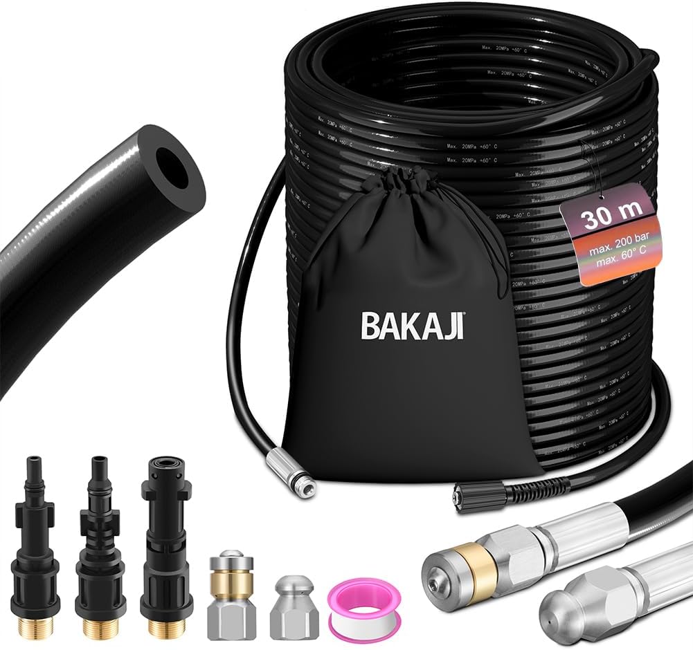BAKAJI Pipe Purge Probe for High Pressure Washer 15 Metres Anti-Kink System Internal Connector in Copper Coating PVC Coating Maximum Resistance 160 Bar with 4 Adapters (Single)