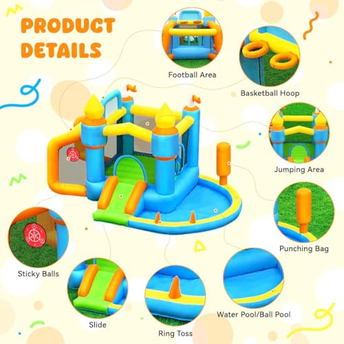 SportBob Castello Gonfiabile per Bambini Esterno Interno con Soffiatore, Scivolo, Piscina di Palline, Salto, Campo da Calcio e Canestro, Adatto per Bambini 3 8 Anni, 385×258×220 cm : Amazon.it: Giochi e giocattoli