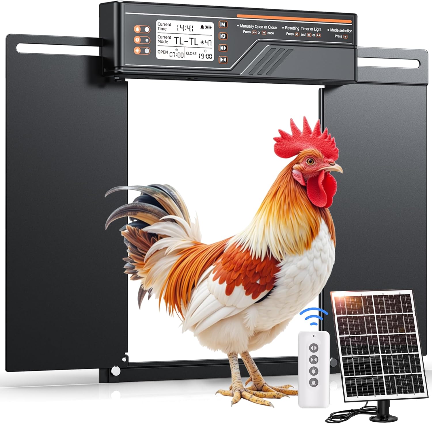 Porta Automatica per Pollaio Grandi Dimensioni, 4 Modalit脿 | Porta Pollaio Automatica Alluminio con Pannello solare da 7 W, con timer e sensore di luce, Ampio display LCD, con telecomando (Nero)