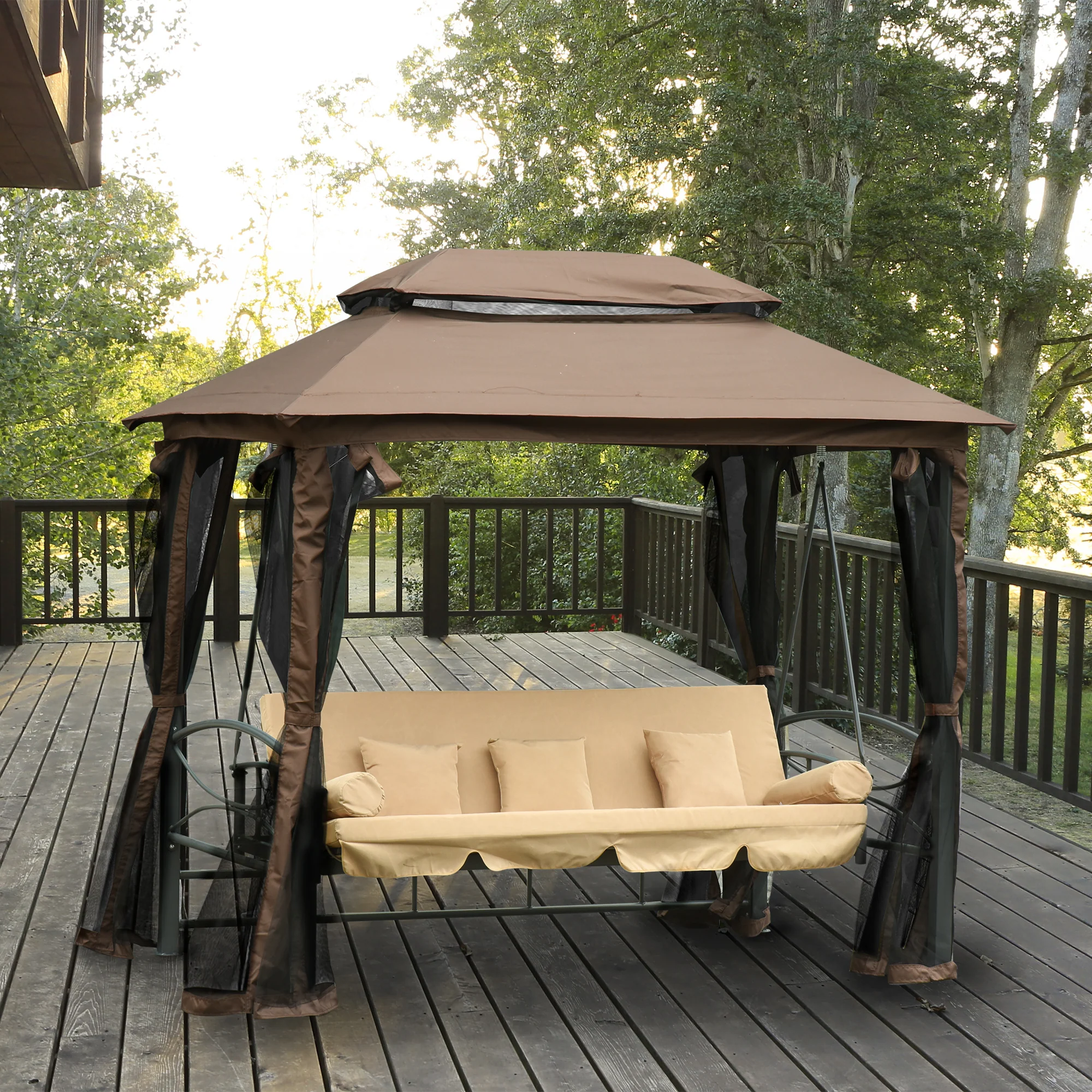 Easycomfort Dondolo 3 Posti da Giardino Convertibile in Lettino con Gazebo, con Zanzariera e Cuscini, 257x175x240cm Cachi