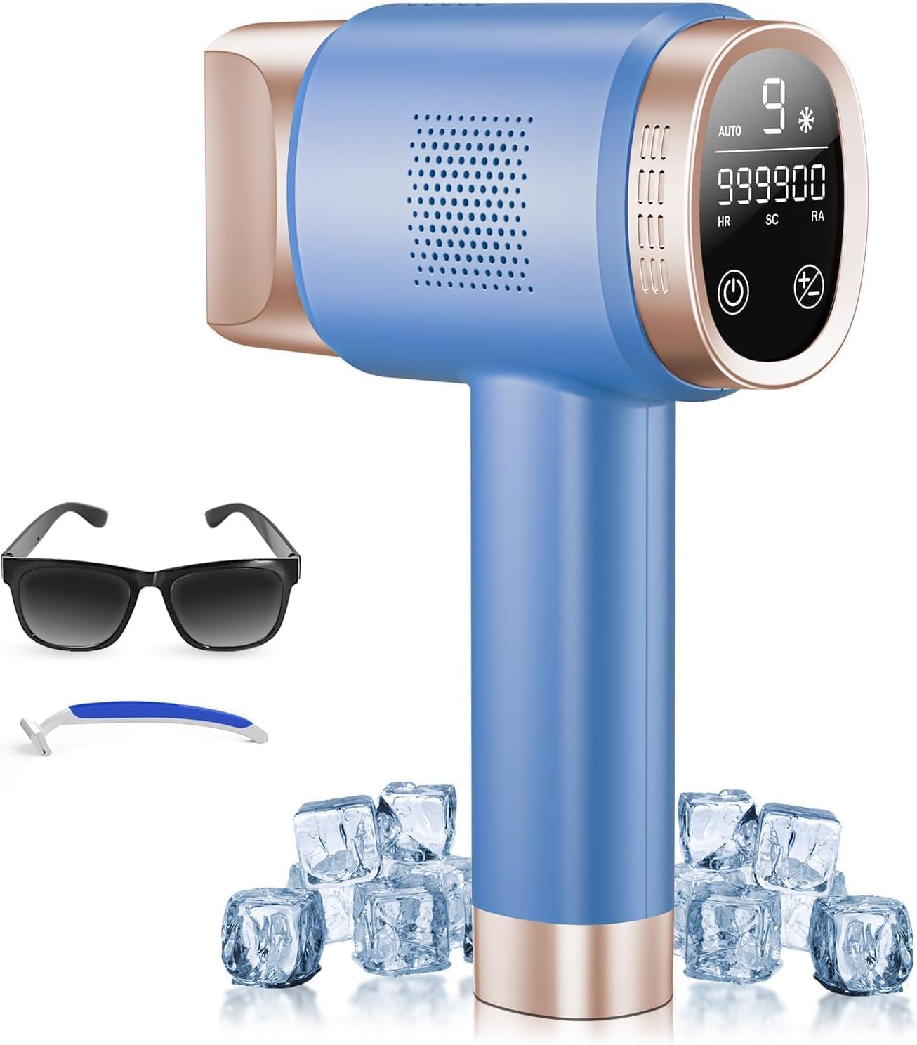 21J Epilatore Luce Pulsata,Depilazione con Raffreddamento a Ghiaccio,9 Livelli di Energia,Touch Screen LCD,999,900 Flashes,Epilatore a Luce Pulsata per Donna,Viso,Bikini,Blu