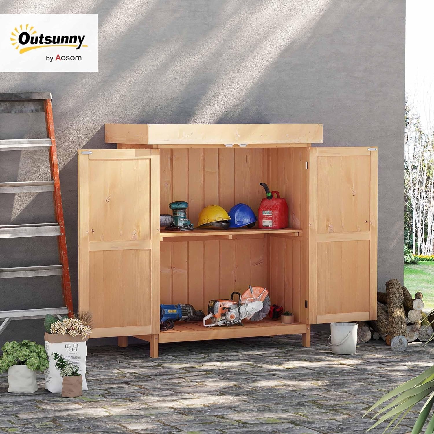 Outsunny Casetta in Legno da Giardino con 2 Ante, Armadio da Esterno Porta Attrezzi da Giardino con Tetto Apribile, 74x43x88 cm