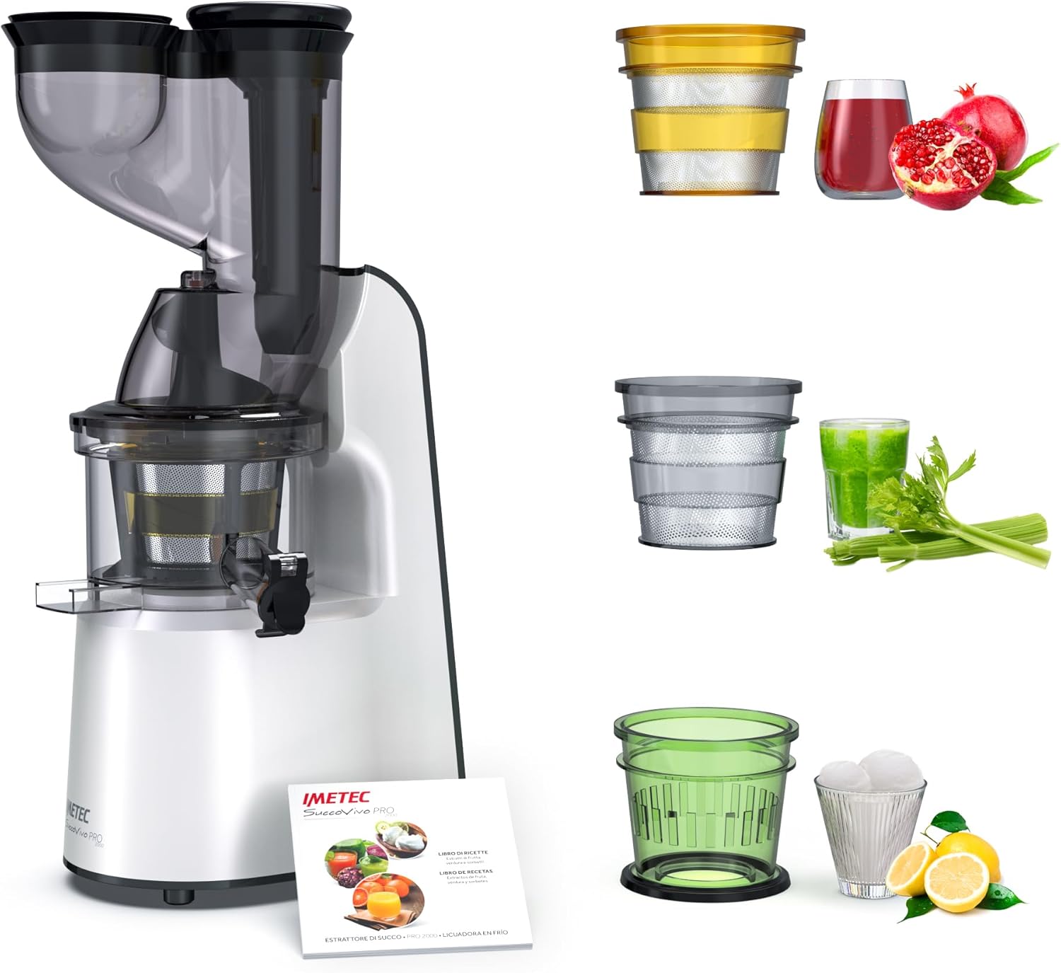 Imetec Succovivo Pro 2000, Estrattore di Succo, Spremitura a Freddo 48 Giri/Min, 100% Vitamine, Filtro per Succhi, Filtro Succhi con Fibre, Cestello per Sorbetti, Ricettario