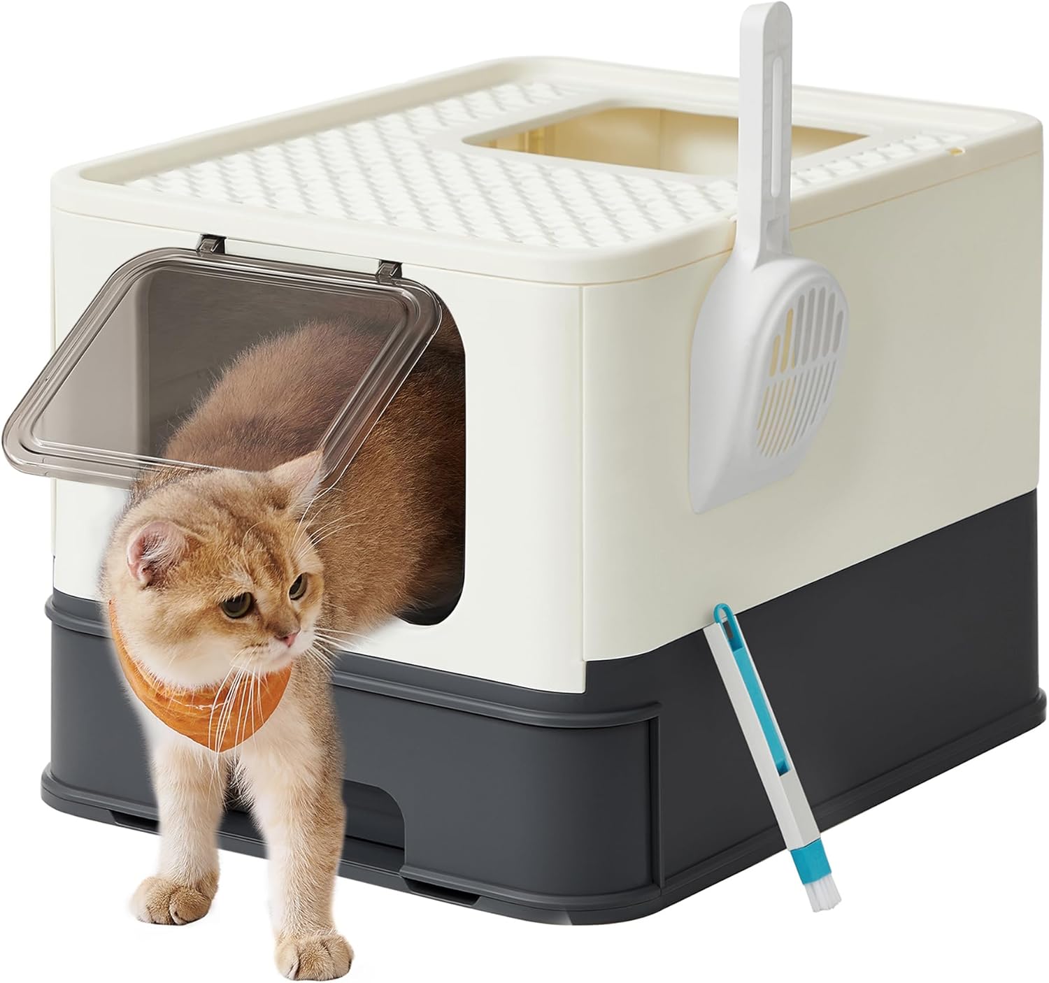 FEANDREA Casetta per Lettiera per per Gatti Grandi Nascosta, Vassoio Estraibile, Paletta, Spazzola, Ampio, Portata 15 kg, Antipertita, Beige e Nero PPT001W01