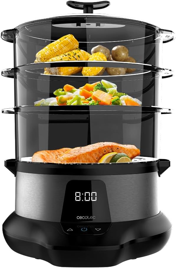 Cecotec Vapovita 3000 Steamer elettrico in acciaio inox con 800 W, 3 contenitori indipendenti, ciotola per riso, portauova, timer 60 minuti, 2 prese d'acqua laterali, grigio