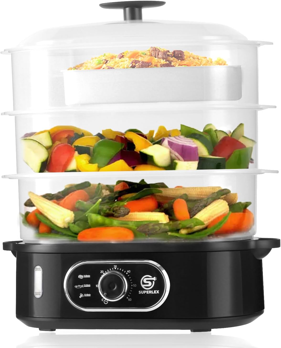 SUPERLEX 3 Tier Electric Steamer, 12L Vegetable Steamer, 3 Removable Bowls and Lid, 60 Minute Timer, Auto Shutdown, BPA Free