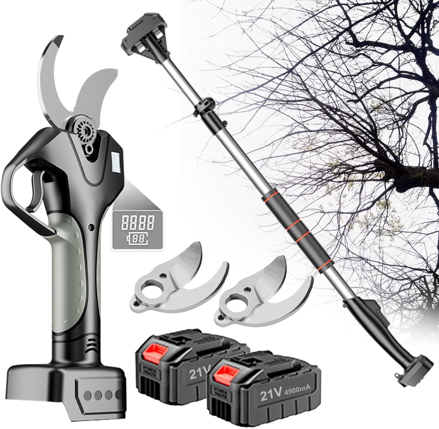 MMCUBE VUSNPL Electric Cordless Pruning Shears for Trees 45 mm with Extension Rod, Electric Branch Pruner, Professional Electric Scissors, 2/3 Batteries