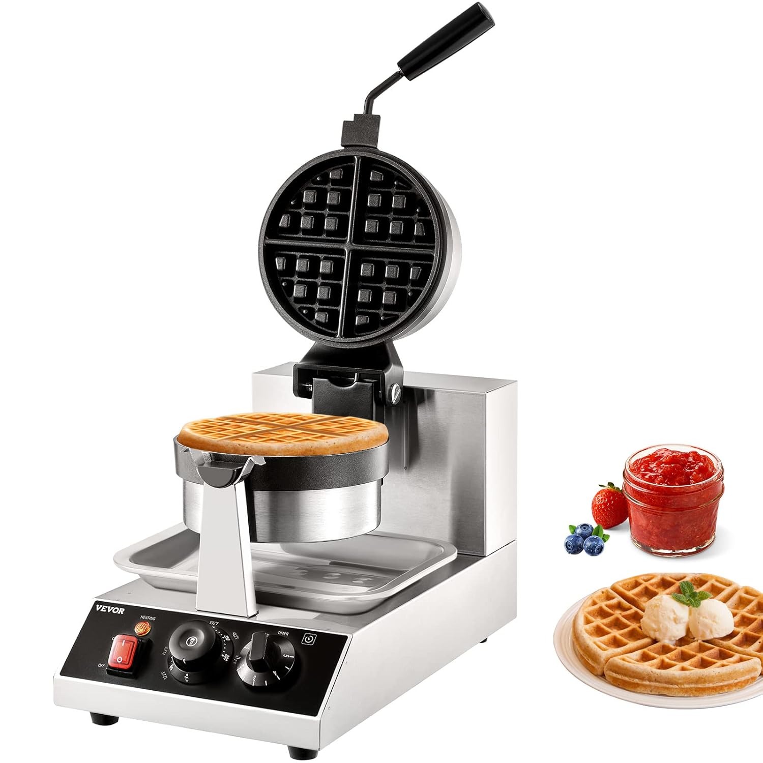 VEVOR Macchina per Waffle Belga Rotondo in Acciaio Inox Antiaderente 1300W Temperatura Controllata 50℃-300℃, Macchina Waffle Piastra Doppia Antiaderente Teglia 190,5 mm con Manico Girevole in Acciaio