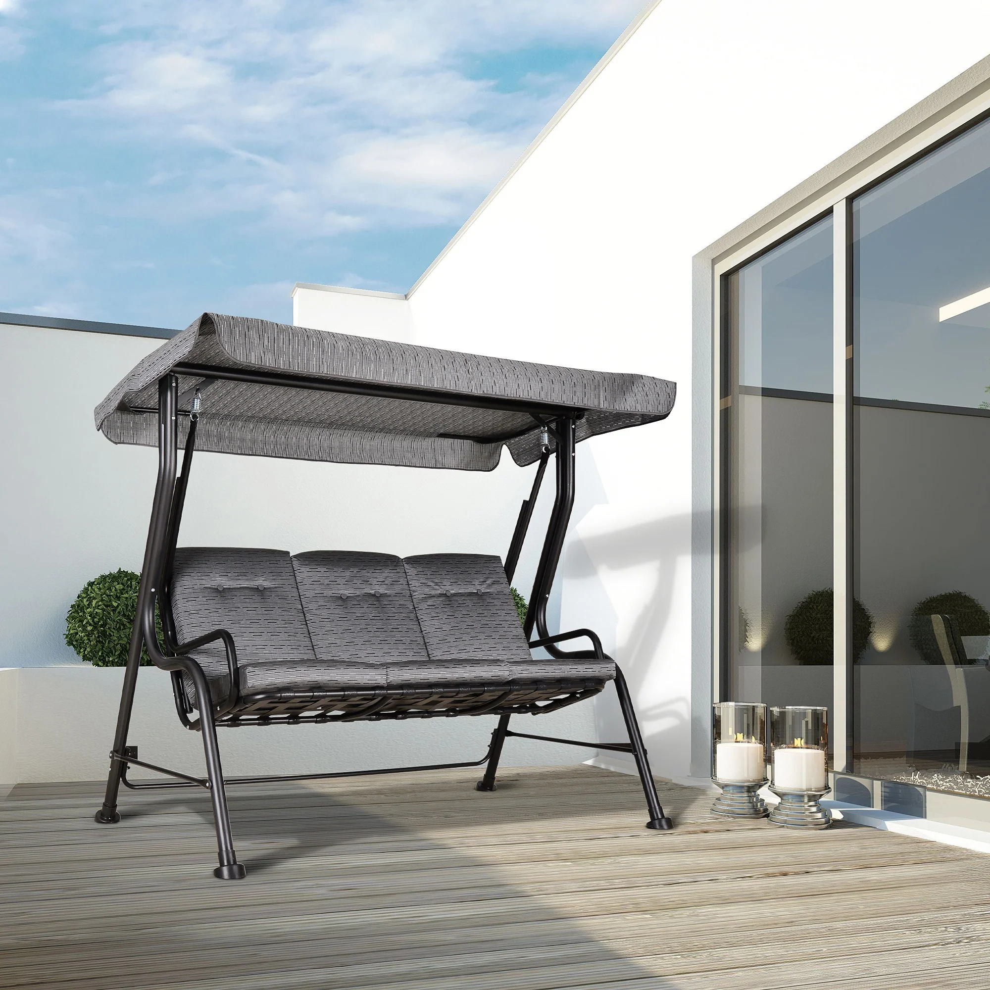 Easycomfort Dondolo da Giardino per 3 Persone con Tettuccio Regolabile e Cuscini, 200x120x170cm, Nero