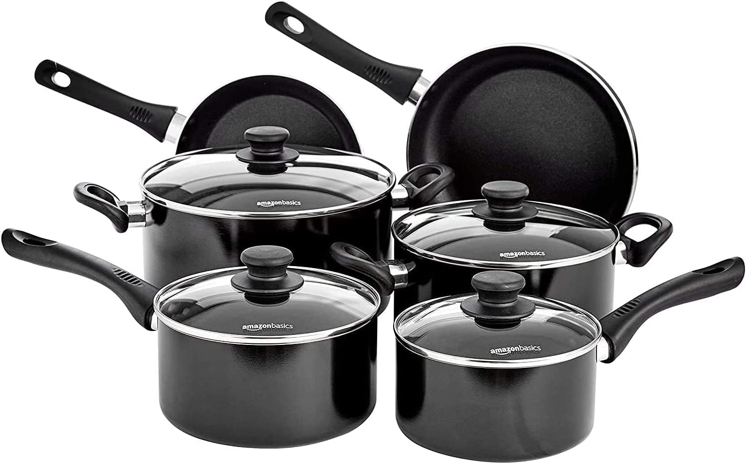 Amazon Basics 6 Pieces Non-Stick Induction Cooking Battery – Aluminium, with Lids, Black