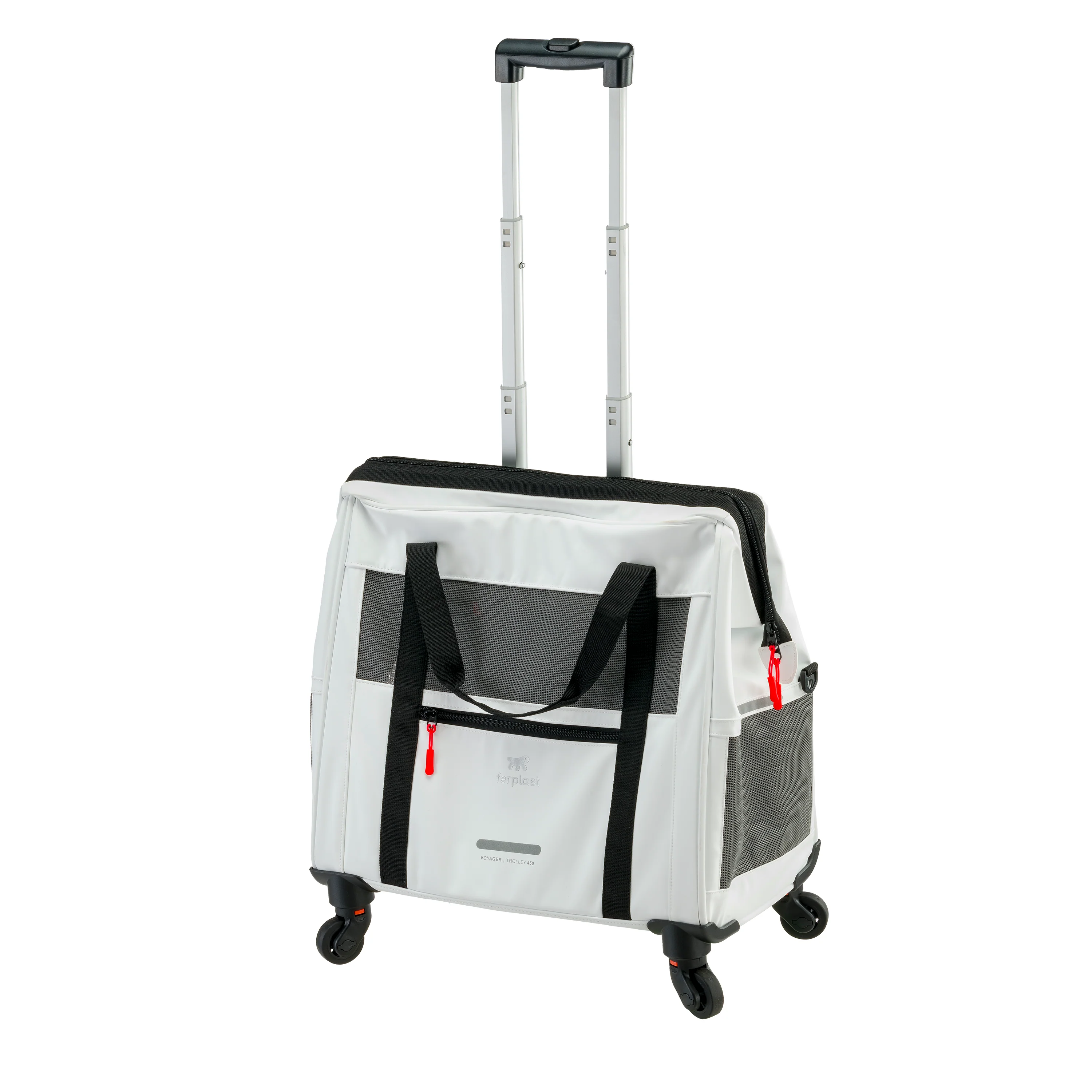 2025 Voyager Trolley di Ferplast – elegante e leggero trolley in similpelle per gatti e cani di piccola taglia fino a 15 kg. Con ruote, finestre in rete e cintura di sicurezza – perfetto per viaggi comodi.