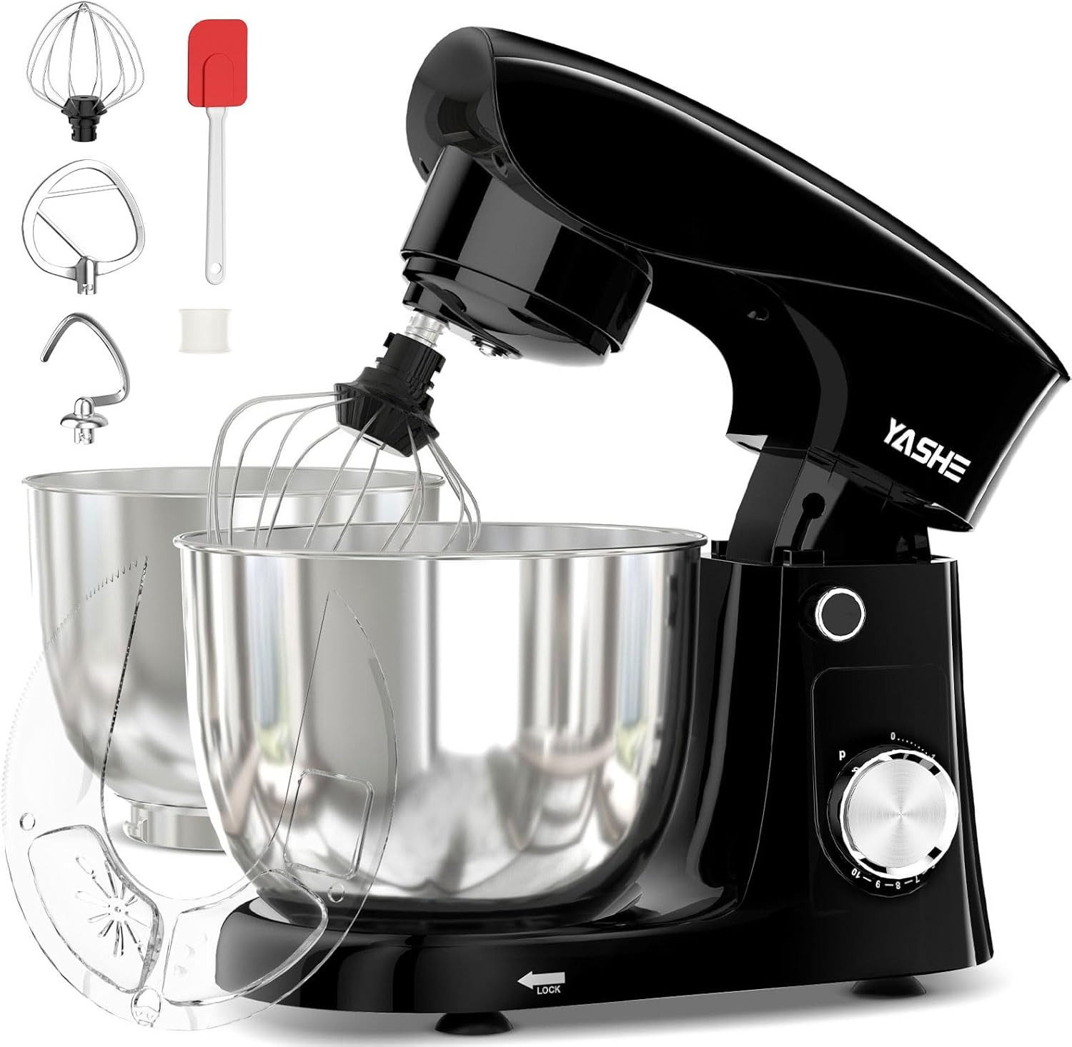 YASHE Impastatrice Planetaria 1500W, 2 Ciotole in Acciaio Inox 4,5L + 5L, 10+P Velocità, Testa Inclinabile, con Gancio Impastatore, Frusta e Sbattitore, Nero