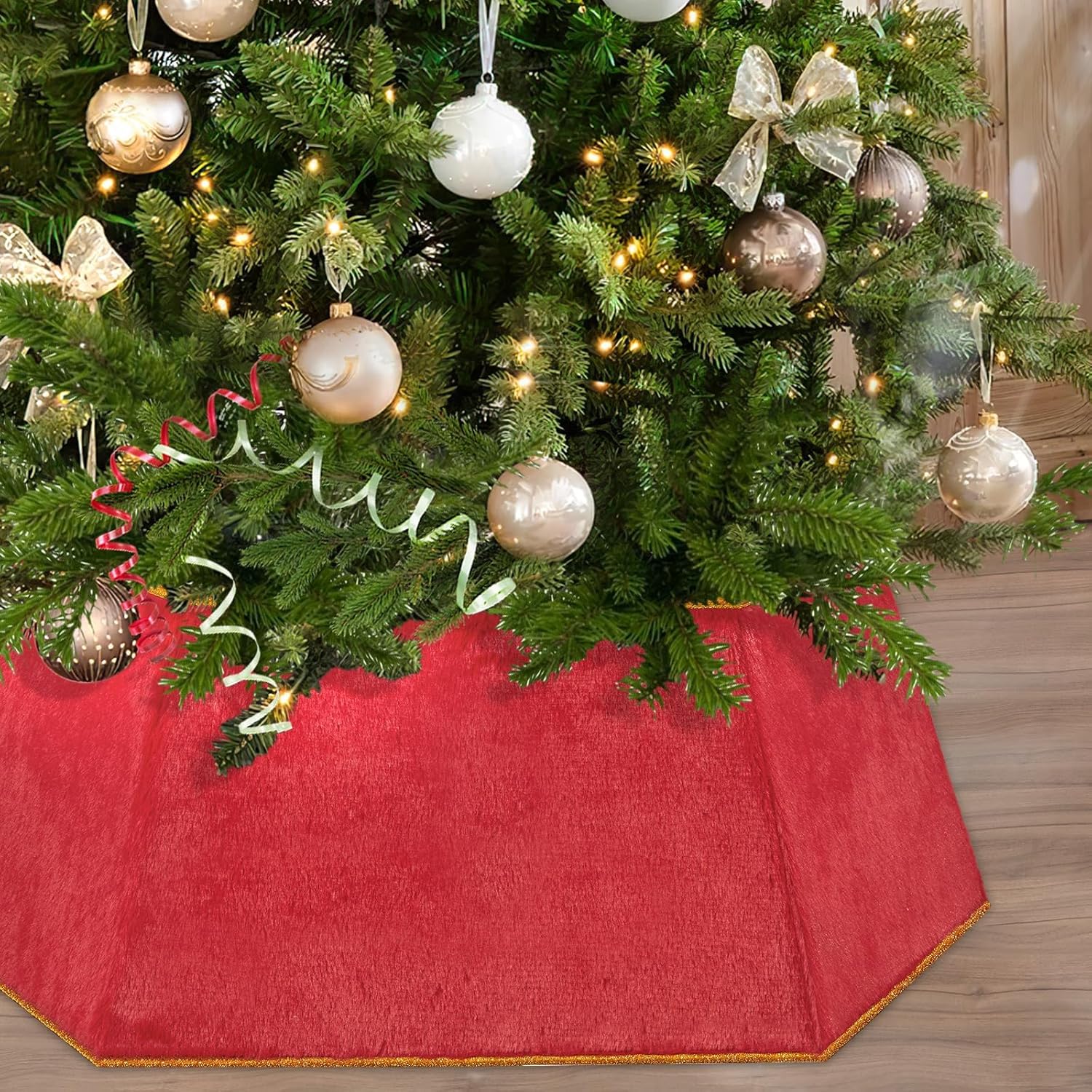 Base Albero di Natale, 65CM Peluche Finta Pelliccia Copri Albero di Natale Base, Copertura per Piede di Albero di Natale, Pieghevole Decorazione del Piede di Albero di Natale (Rosso)