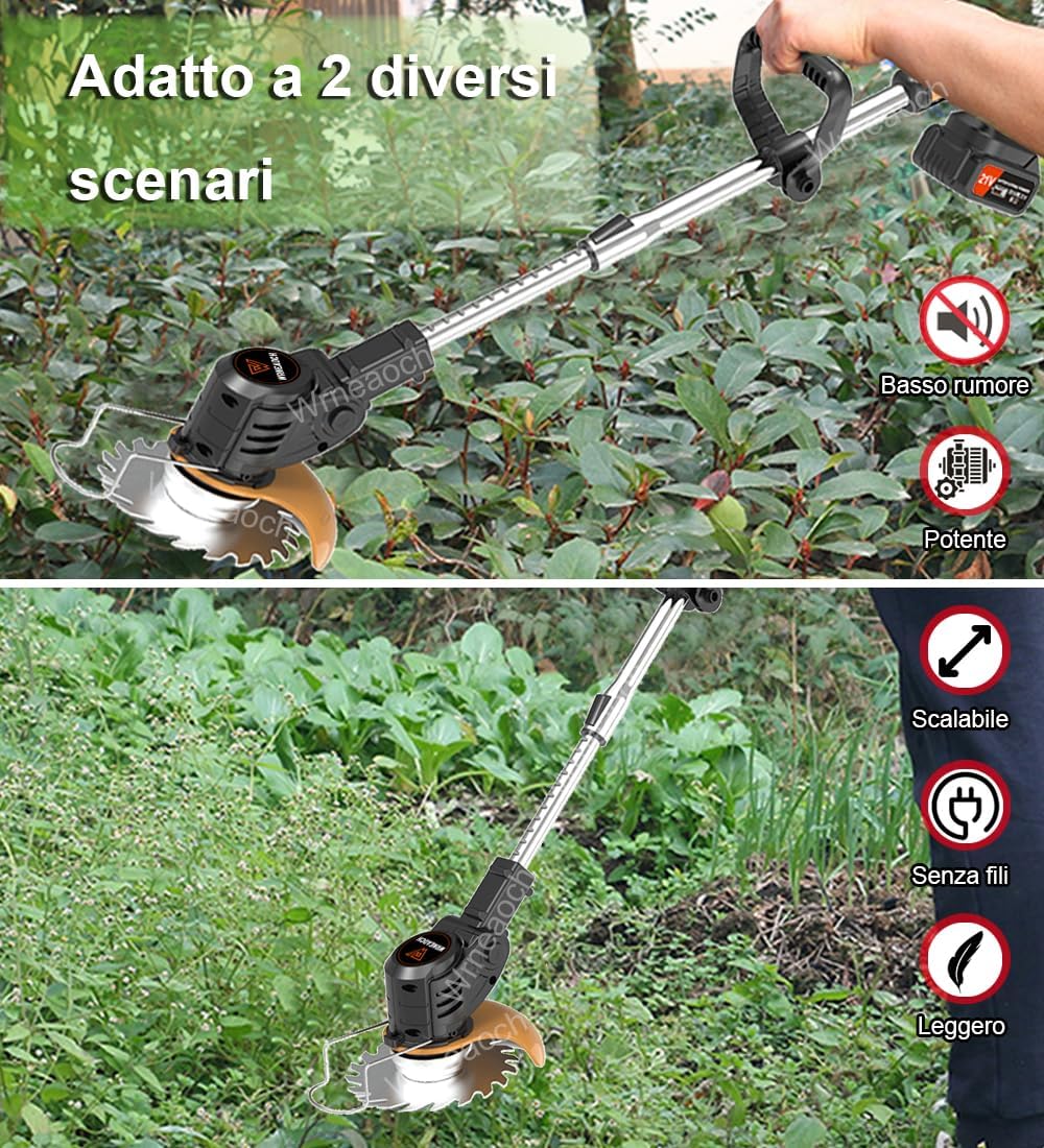 Wrneaoch 21 V Battery Trimmer Trimmer Electric Brush Cutter with 6,000 RPM and 650W Motor with 2 Batteries of 2.0 Ah is Ideal for Cutting Grass Effectively and Without Effort