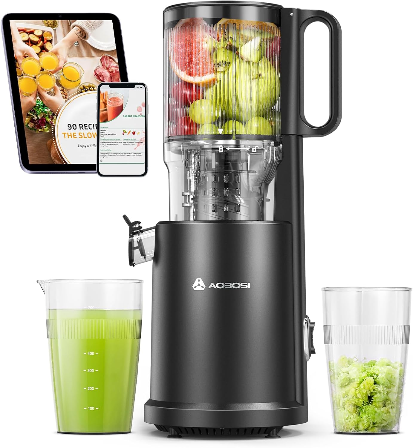 AOBOSI Estrattore frutta e verdura, 126MM XXL Grande Canale di Alimentazione per Frutta e Verdura Intere - Capacità 1,5L, 200 W Slow juicer, Triplo Filtro, Nero