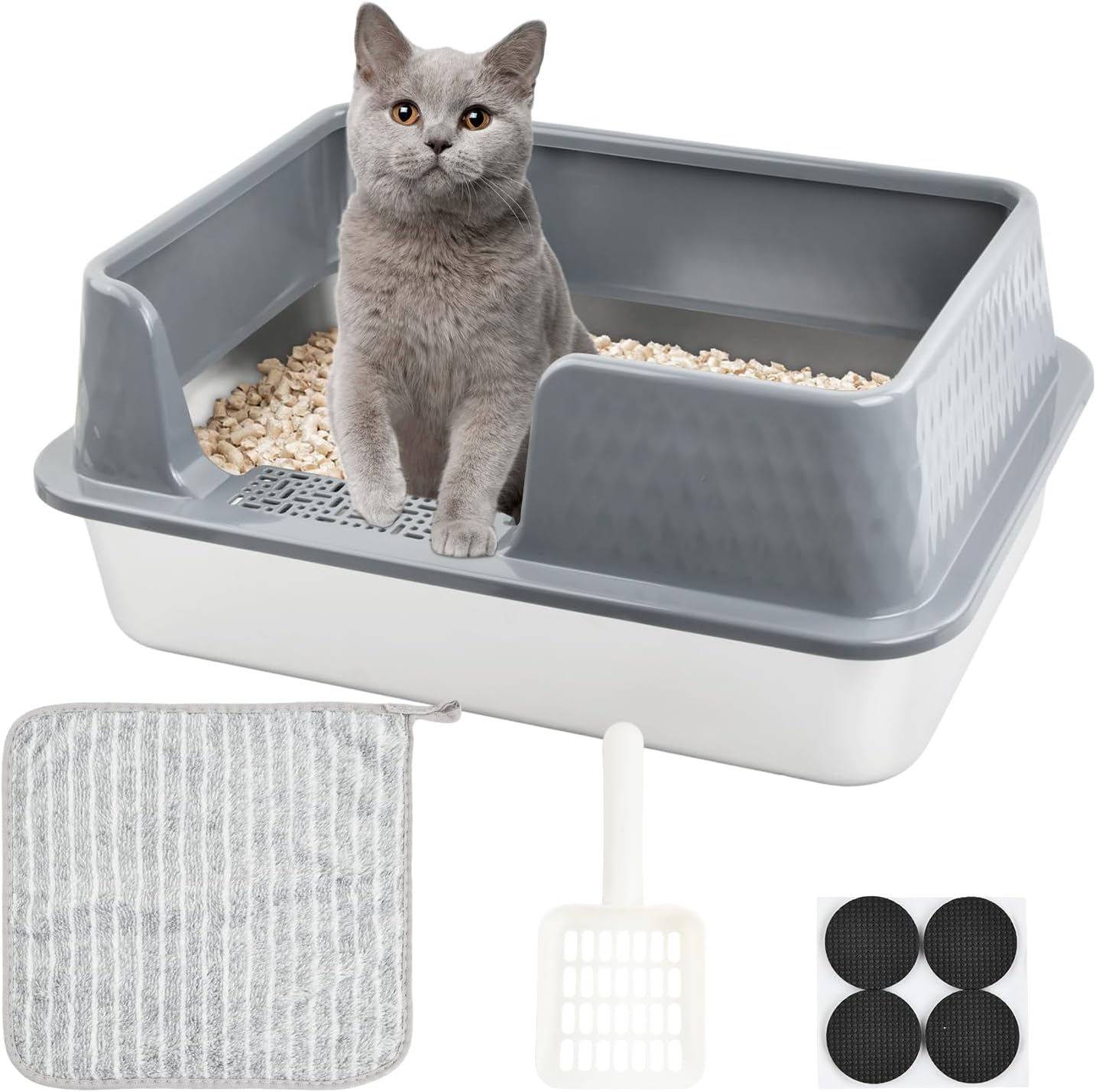 Lettiera gatto in Acciaio Inox, 50 x 35 x 20CM Vassoio per Lettiera per Gatti grande con recinzione alta rimovibile, lettiera gatto aperta con pala e panno per pulire Facile da pulire, grigio