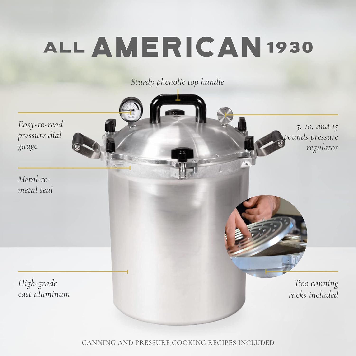 All American 1930: 21.5qt Pressure Cooker/Canner (The 921) - Exclusive Metal-to-Metal Sealing System - Easy to Open & Close - Suitable for Gas, Electric, or Flat Top Stoves - Made in the USA