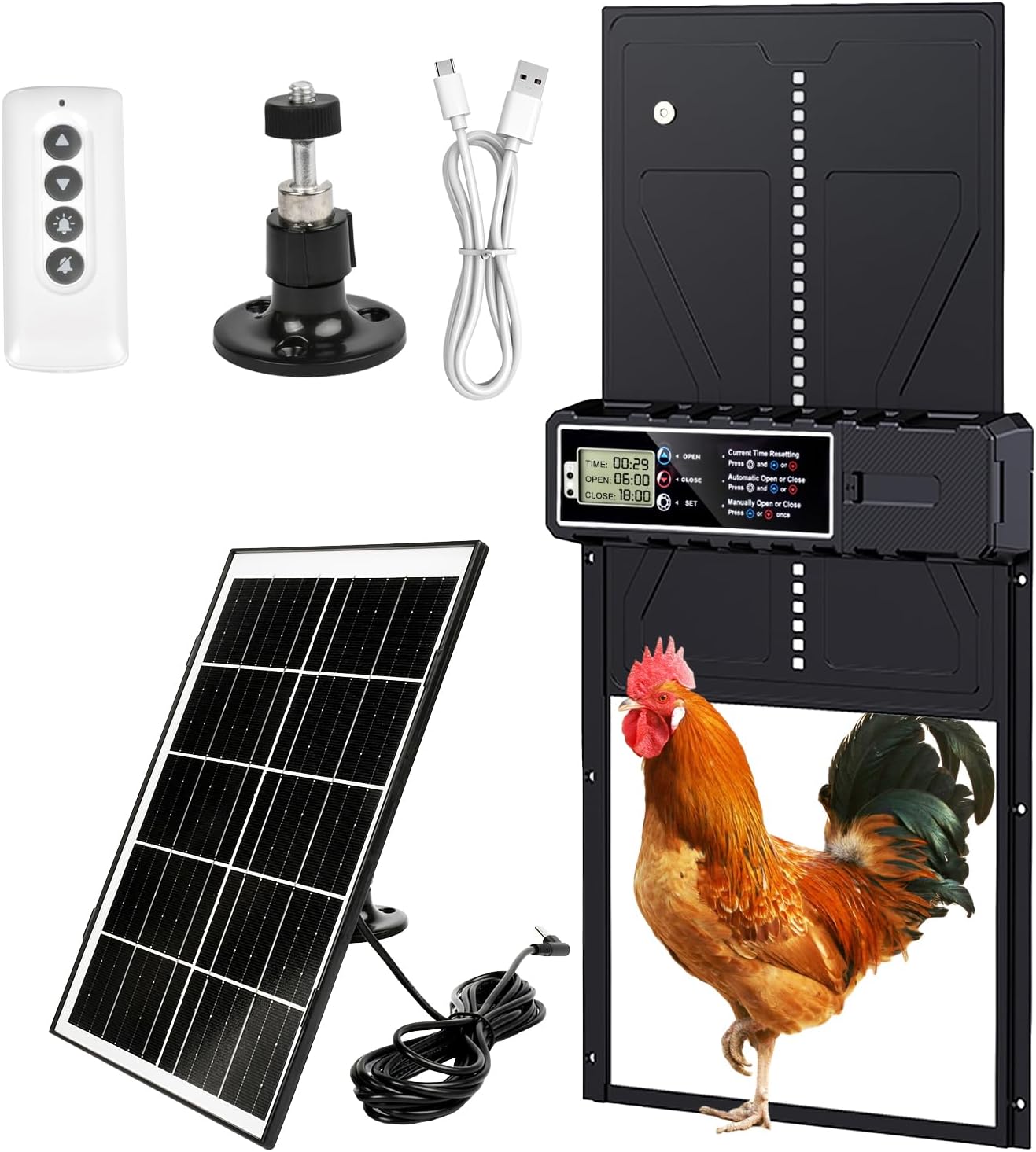 Automatic Chicken Door with Timer/Intelligent Protection, Electric Chicken Door Manual/Automatic Mode, Aluminum Alloy Programmable LCD Screen Waterproof