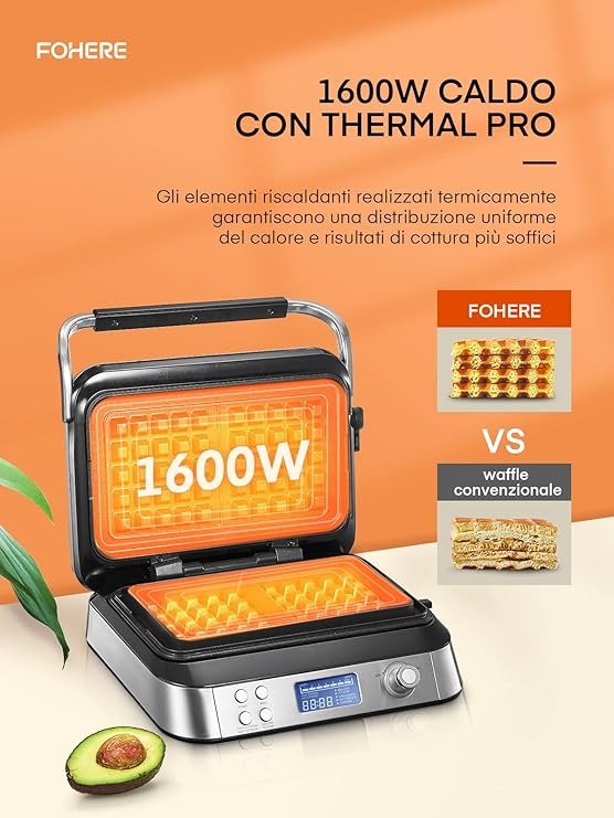 Piastra per Waffle Belga 1600 W, Smart Doppia Waffle pro con Display LED, 5 Programmi Diversi, 7 Temperatura Regolabile, Macchina per Waffle Elettrica Antiaderente (D'argento) [Classe di efficienza energetica A+++]