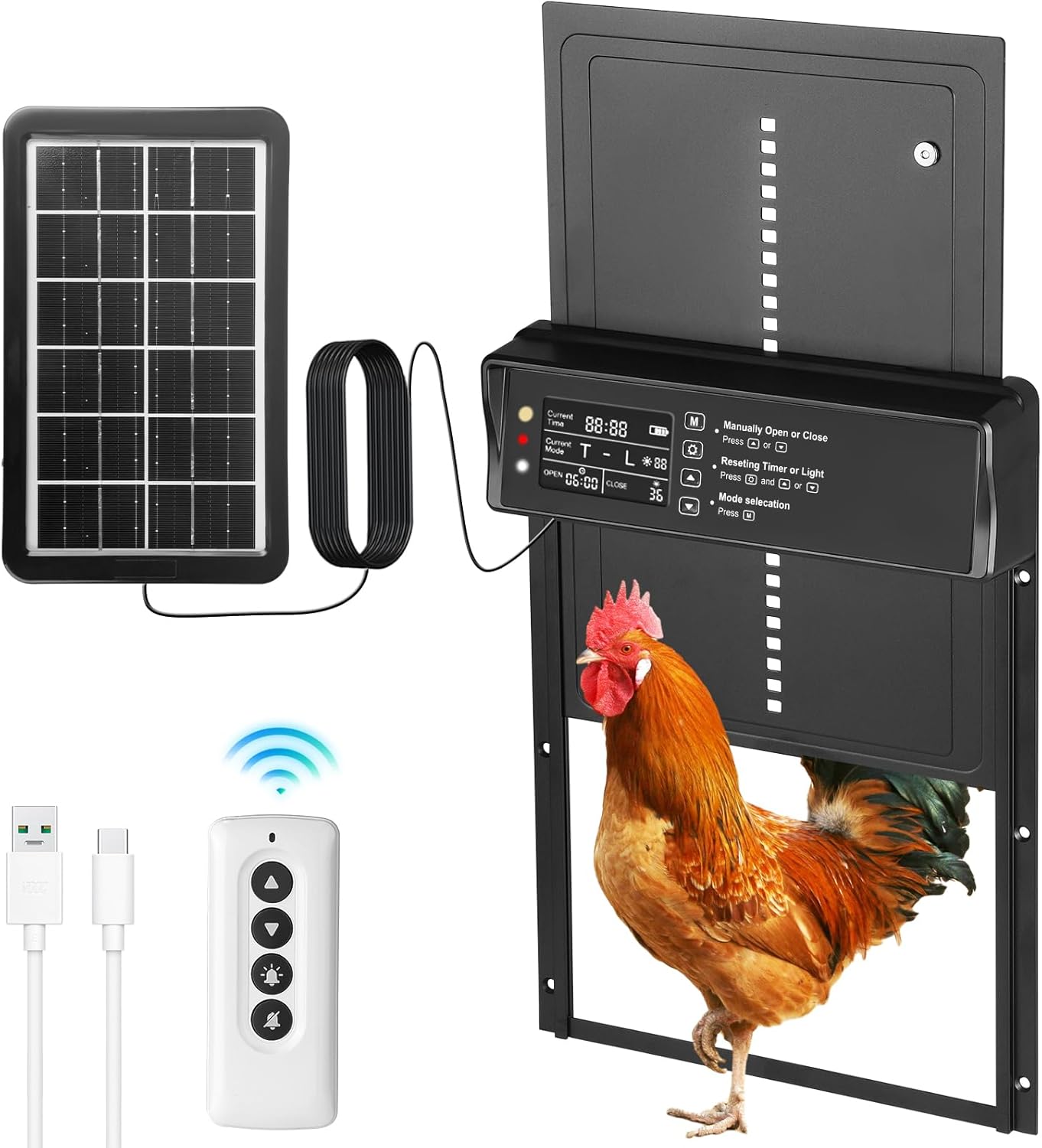 Aofesel Automatic Door for Chicken Coop, Automatic Solar Chicken Coop Door, Automatic Chicken Coop Door with Timer, LED Display, Light Sensor, Remote Control, Door Opener Safely