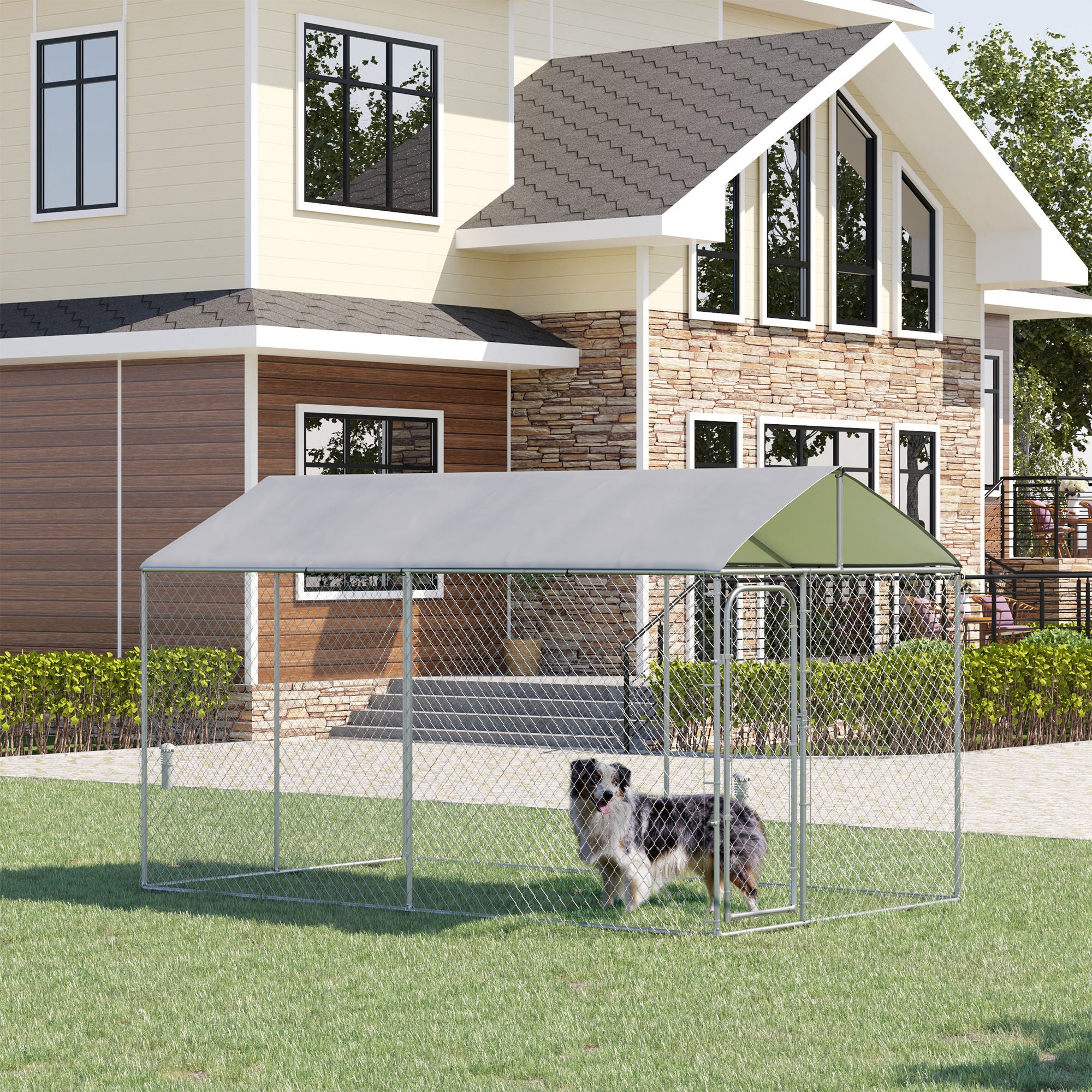 Easycomfort Kennel per Cani in Metallo Galvanizzato con Tettuccio in Tessuto Oxford e Porta con Blocco, 400x230x232cm, Argento
