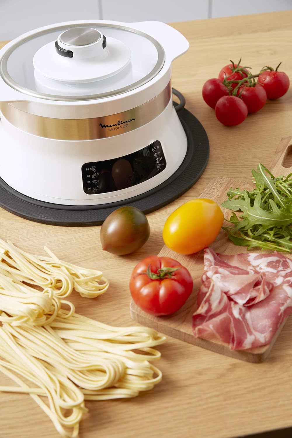 Moulinex Steam'Up Cuiseur Vapeur Steam Up Steamer 8 Programs Fits All Sizes of Dishes Cleaning Preserved Nutrients Easy Storage Booklet Recipe White VJ504010