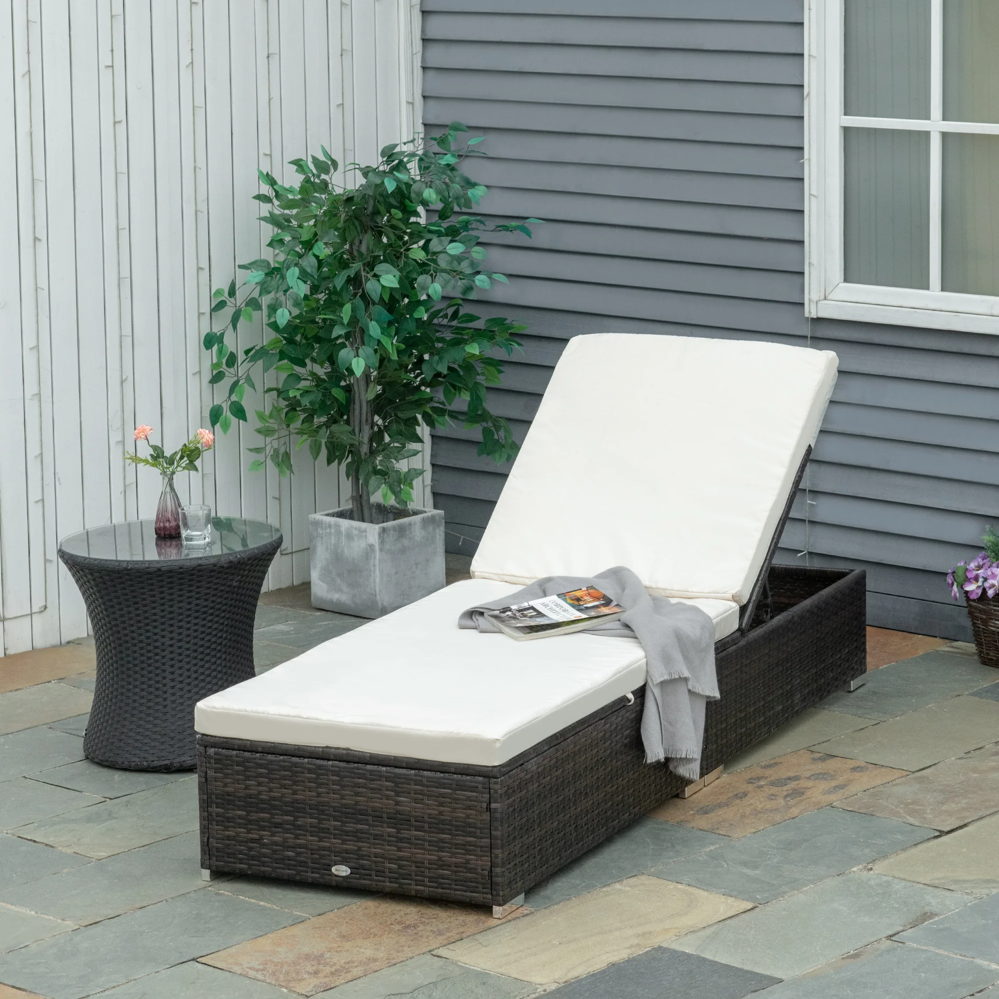 Easycomfort Lettino Prendisole in Rattan PE con Schienale Reclinabile su 5 Posizioni, 195x68x31cm, Marrone