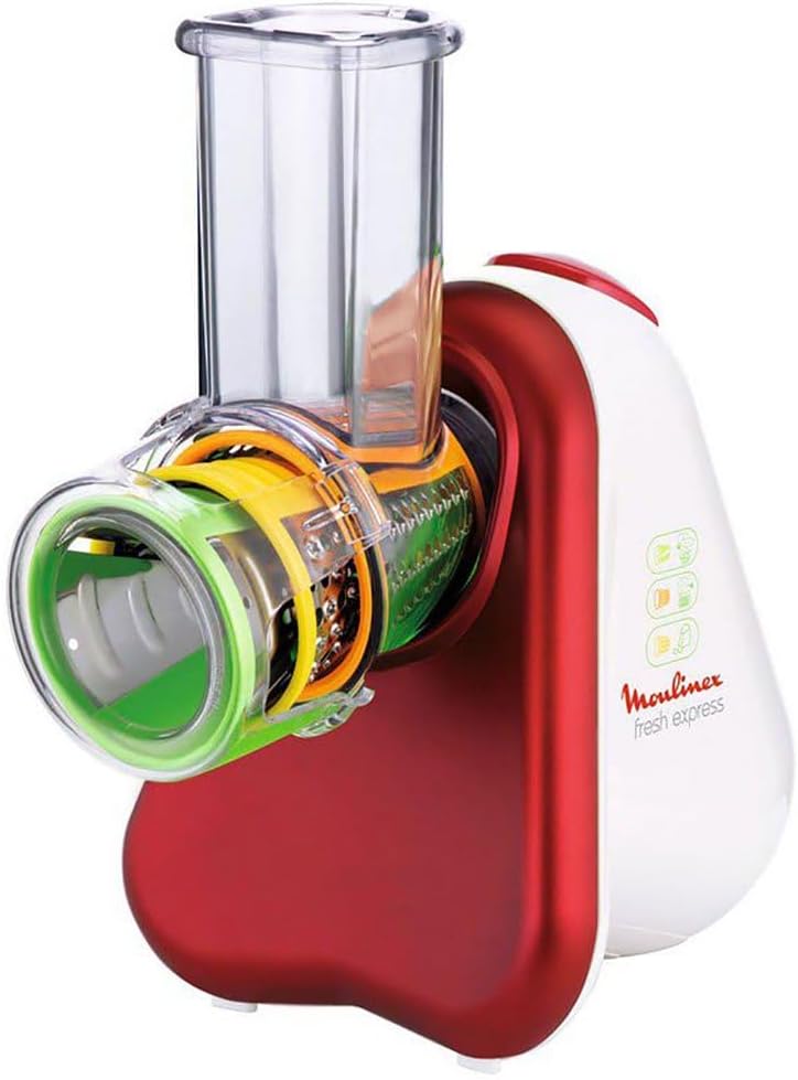 Moulinex Fresh Express 3 in 1, Affettatutto, Grattugia Elettrico, 3 Funzioni di Taglio, 200 W, Rosso, DJ7535