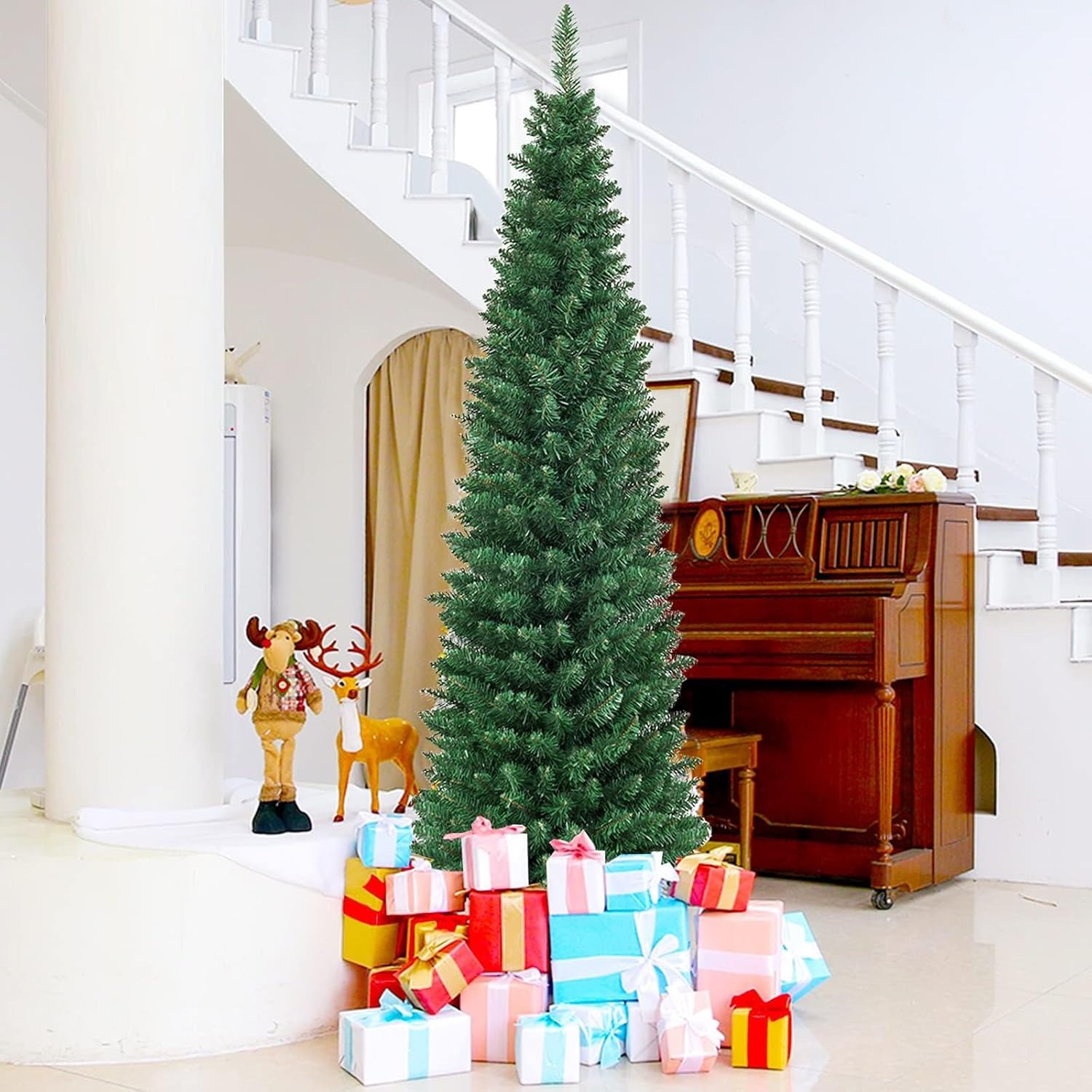 RELAX4LIFE Albero di Natale Slim 150/180/210/240 cm, Stretto e Alto, Rami Folti in PVC, Base in Metallo Pieghevole in Ferro,Albero Natale Artificiale Verde (180 cm)