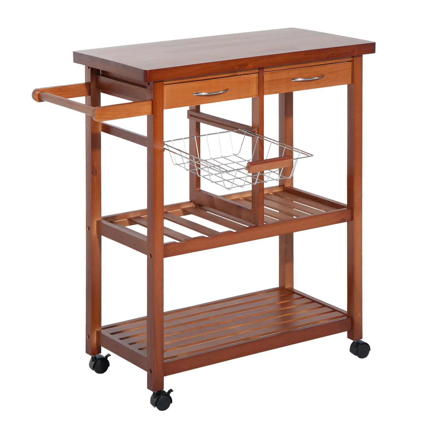 EasyComfort Carrello Portata da Cucina in Legno con Portabottiglie, Cestello, 2 Ripiani, 2 Cassetti, Legno di Pino, Resistente, Agevole, Versatile, 84.5x37.2x85cm