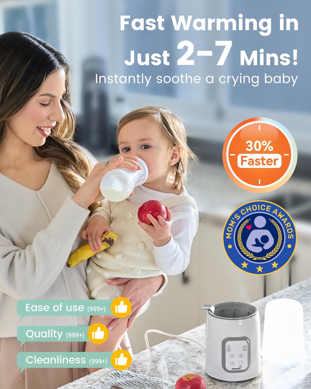 Scaldabiberon, Scaldalatte rapido per bambini GROWNSY 8 in 1 con timer per latte materno o artificiale, controllo accurato della temperatura, con funzione di scongelamento, sterilizzazione