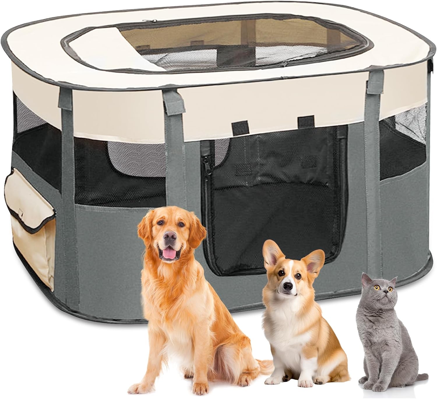 Recinto per Cani da Interno Pieghevole, Recinto per Cuccioli Verde a Scacchi 90 x 70 x 58 cm, Recinto per Gatti Traspirante, Portatile Recinto per Animali pour Gatti, Cani, Conigli