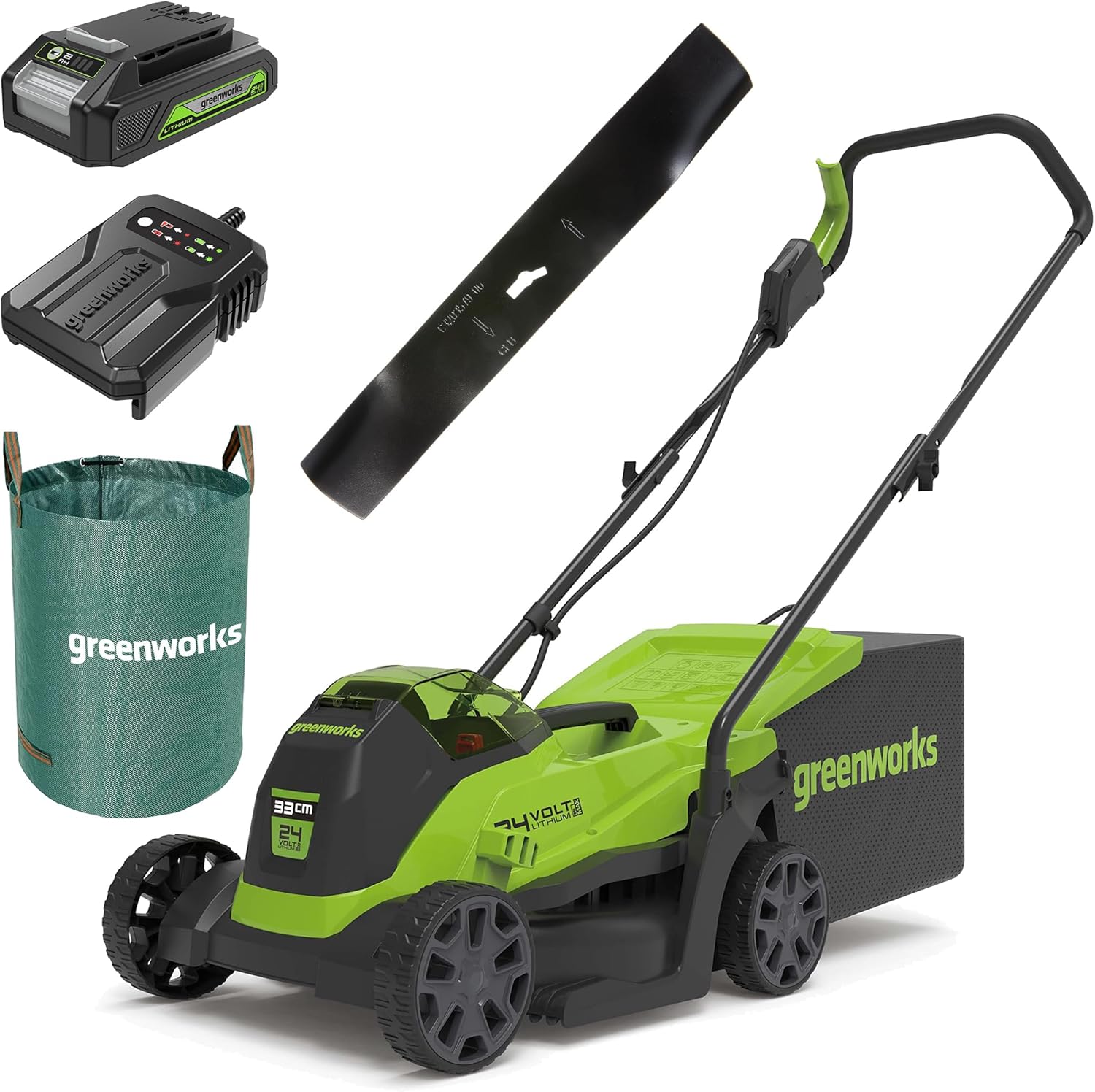 Greenworks 24V Tagliaerba a Batteria con Motore Brushless per Piccoli Prati Fino a 140m2, Ampiezza di Taglio 33cm, Sacca da 30L CON Batteria da 24V 2Ah & Caricabatterie, Garanzia 3 Anni-GD24LM33K2